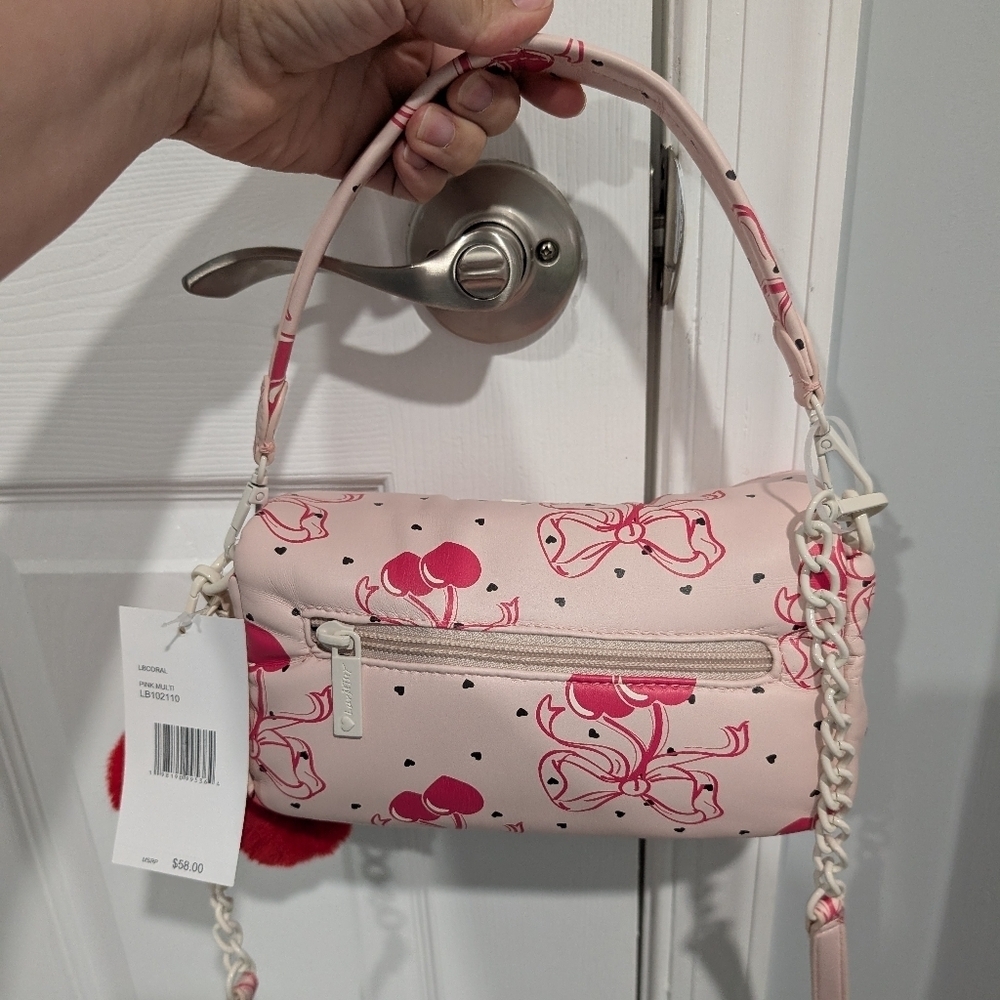 NWT Luv Betsey Pink Bow Cherries Black Hearts Crossbody Purse W/ Cherry Pompoms - Picture 6 of 10